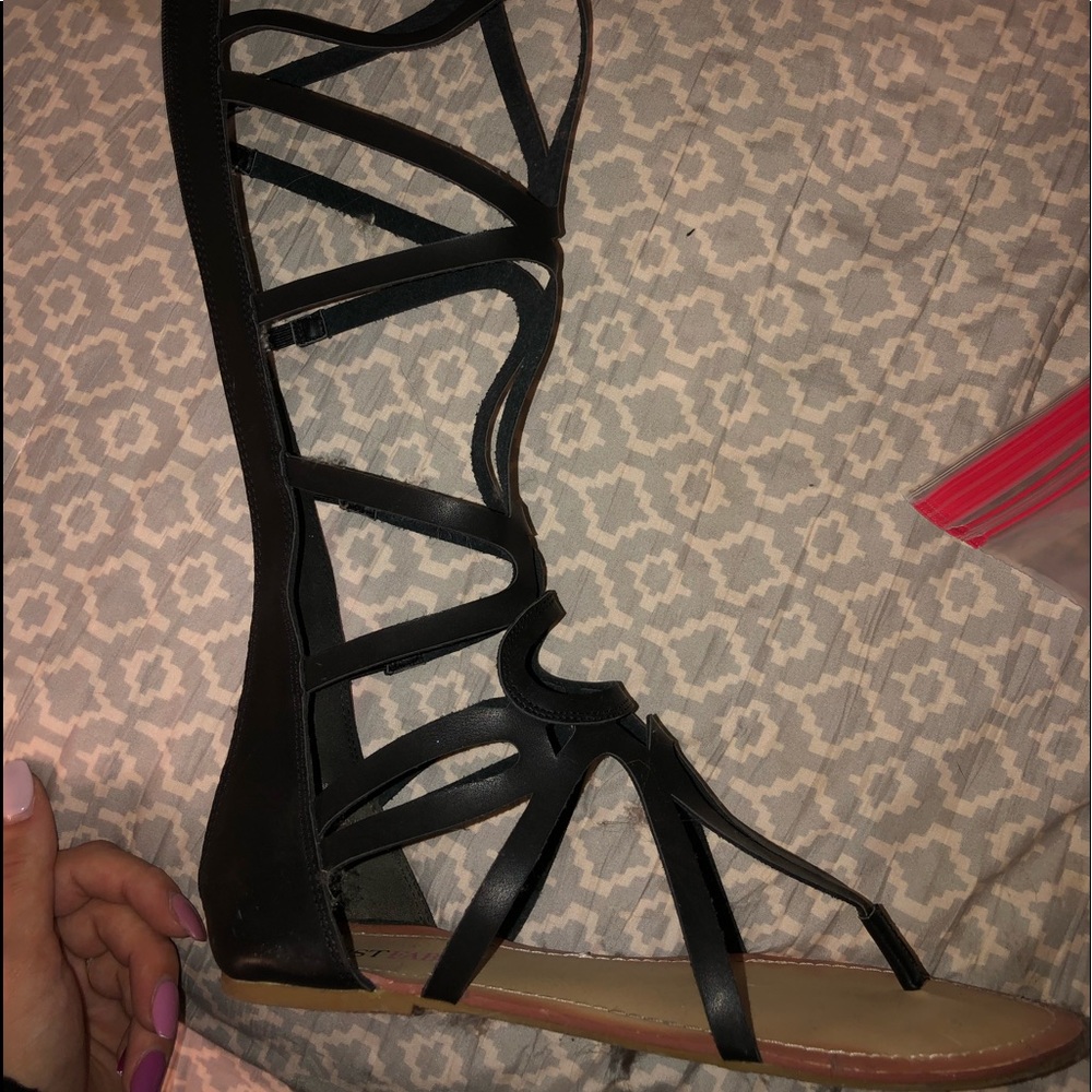 calf high black strappy sandal
